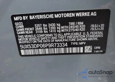 2023 BMW X3 xDrive30I из США, поврежденный, VIN 5UX53DP06P9R73334